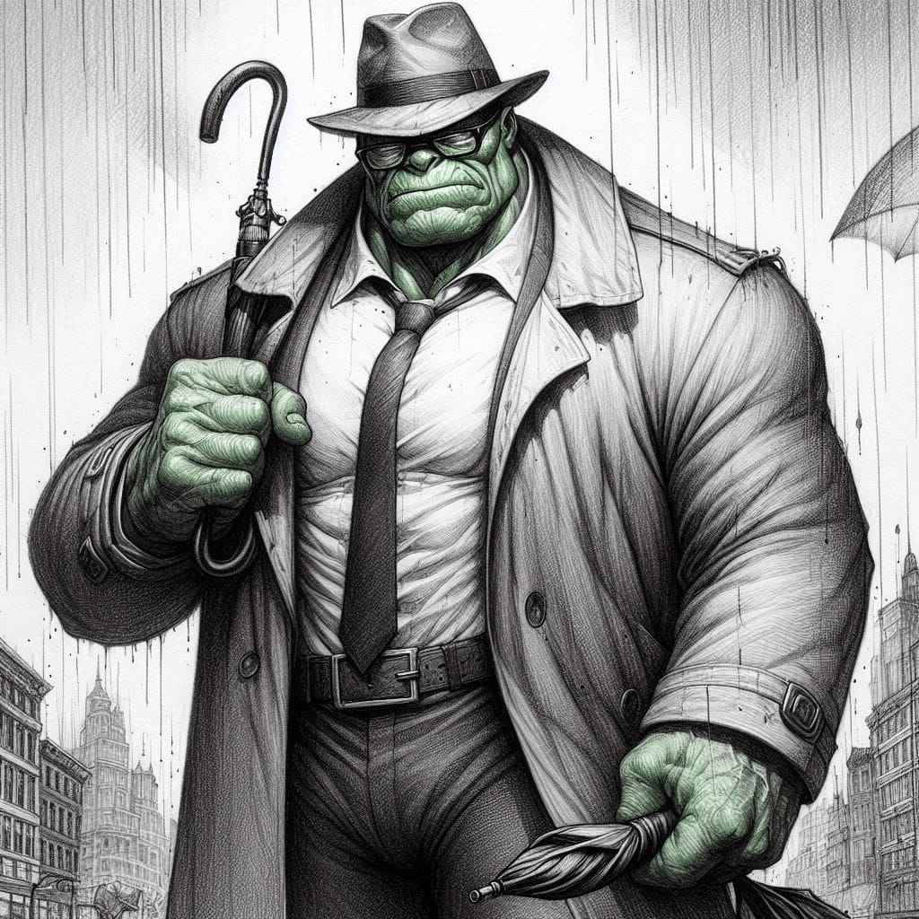 hulk de terno segurando uma maleta e um guarda chuvas