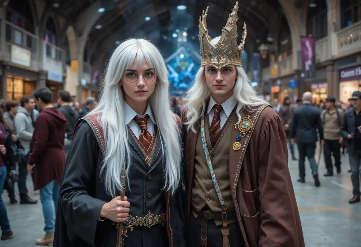 cosplayer de Harry Potter e Senhor dos Anéis em um evento de convenção, com os trajes e acessórios icônicos de ambos os universos