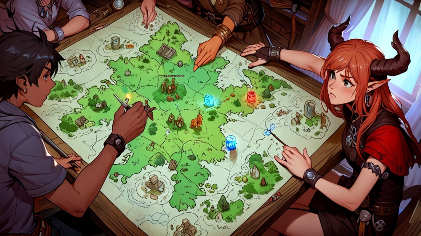 mesa de jogo de Dungeons & Dragons, com dados, mapas e miniaturas, em um ambiente iluminado por velas