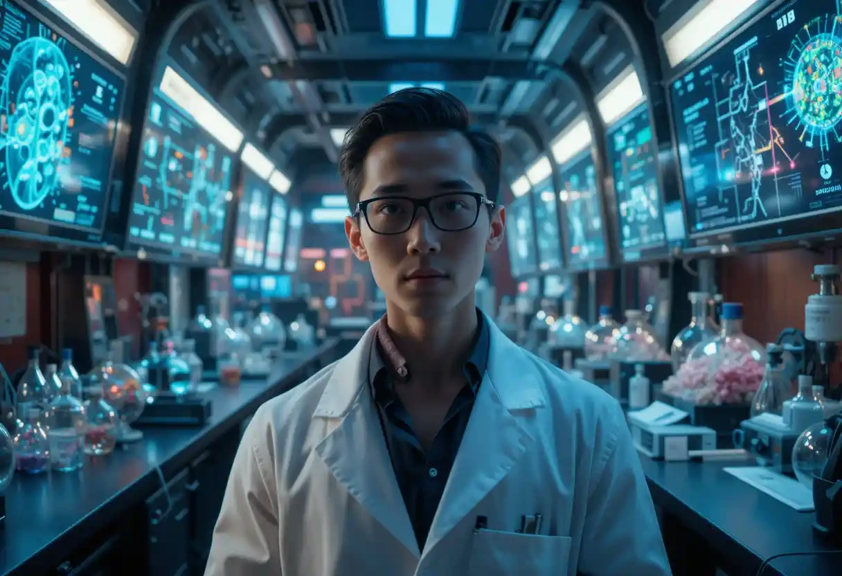Uma imagem de um cientista em um laboratório futurista, com telas holográficas exibindo conceitos de IA