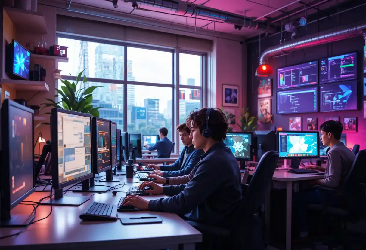 Uma imagem de um escritório moderno de uma startup nerd, com uma equipe jovem e criativa trabalhando em computadores