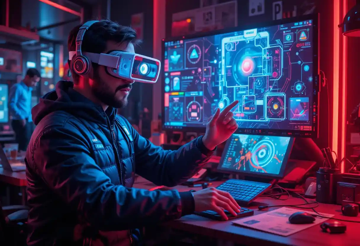 Uma imagem de um geek interagindo com um dispositivo de realidade virtual, com elementos de impressão 3D