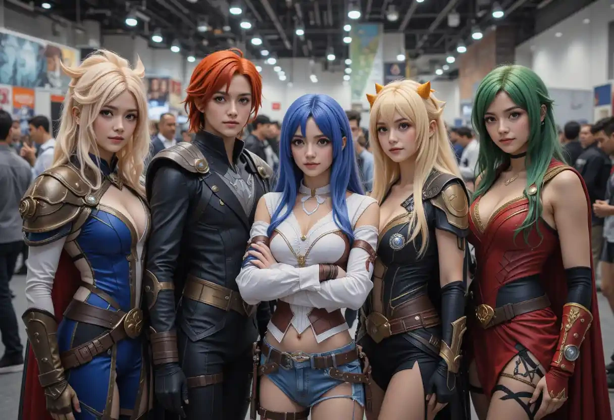 grupo de cosplayers vestindo trajes detalhados de personagens de diferentes franquias,