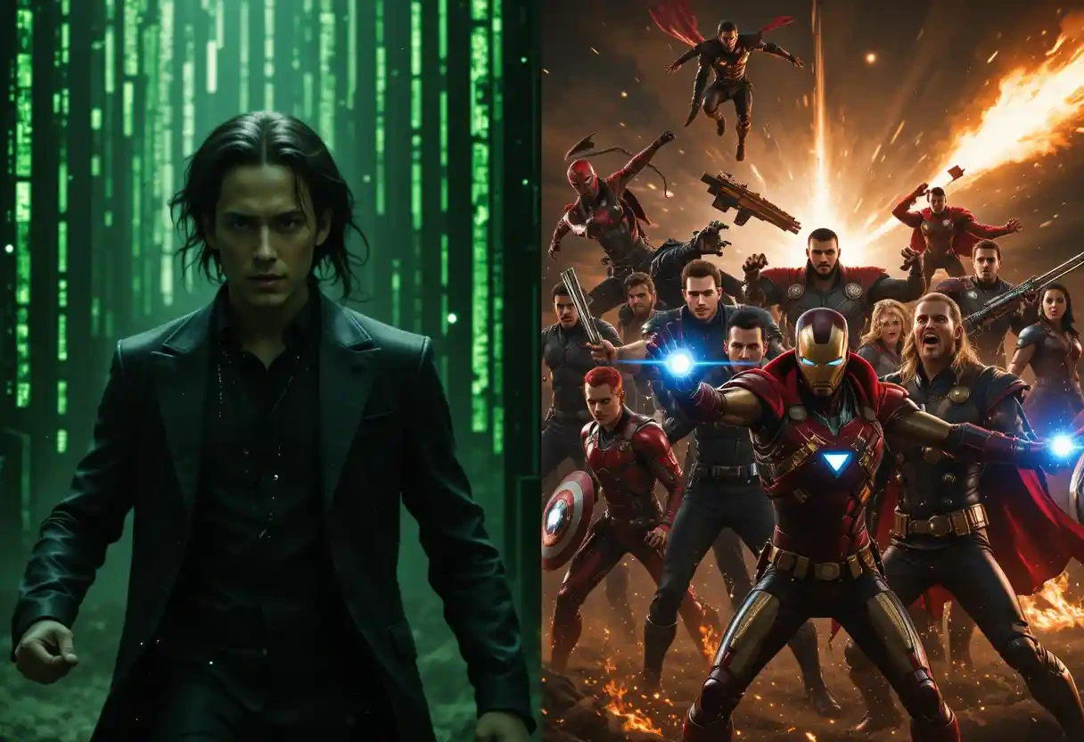 Imagem de uma cena icônica de Matrix, com Neo e Trinity em ação, e outra de Vingadores, com heróis como Iron Man