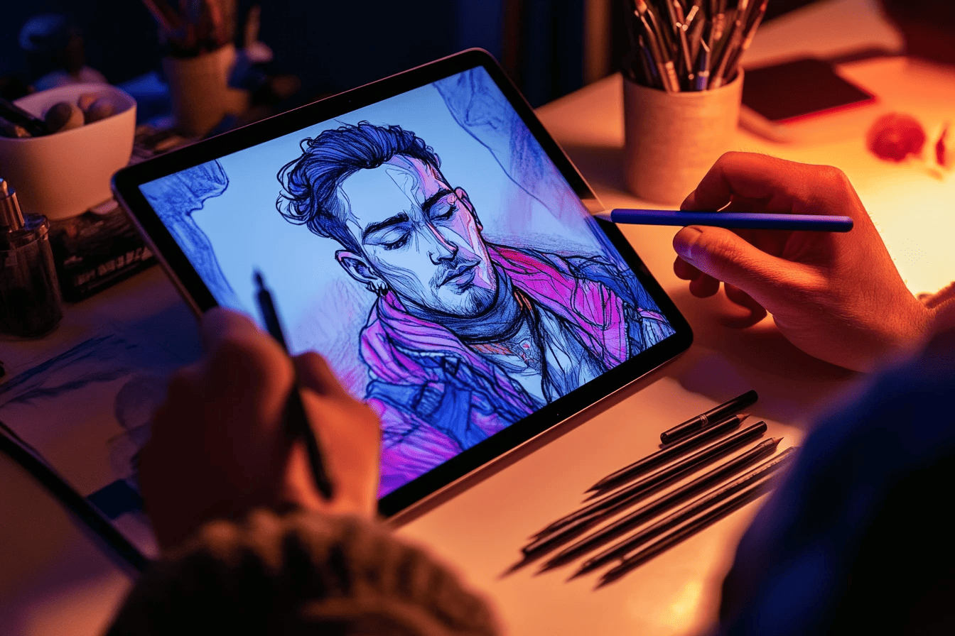 A digital artist sketching with Procreate on an iPad, focused on adding dramatic lighting and shadows to a fantasy character illustration - IA