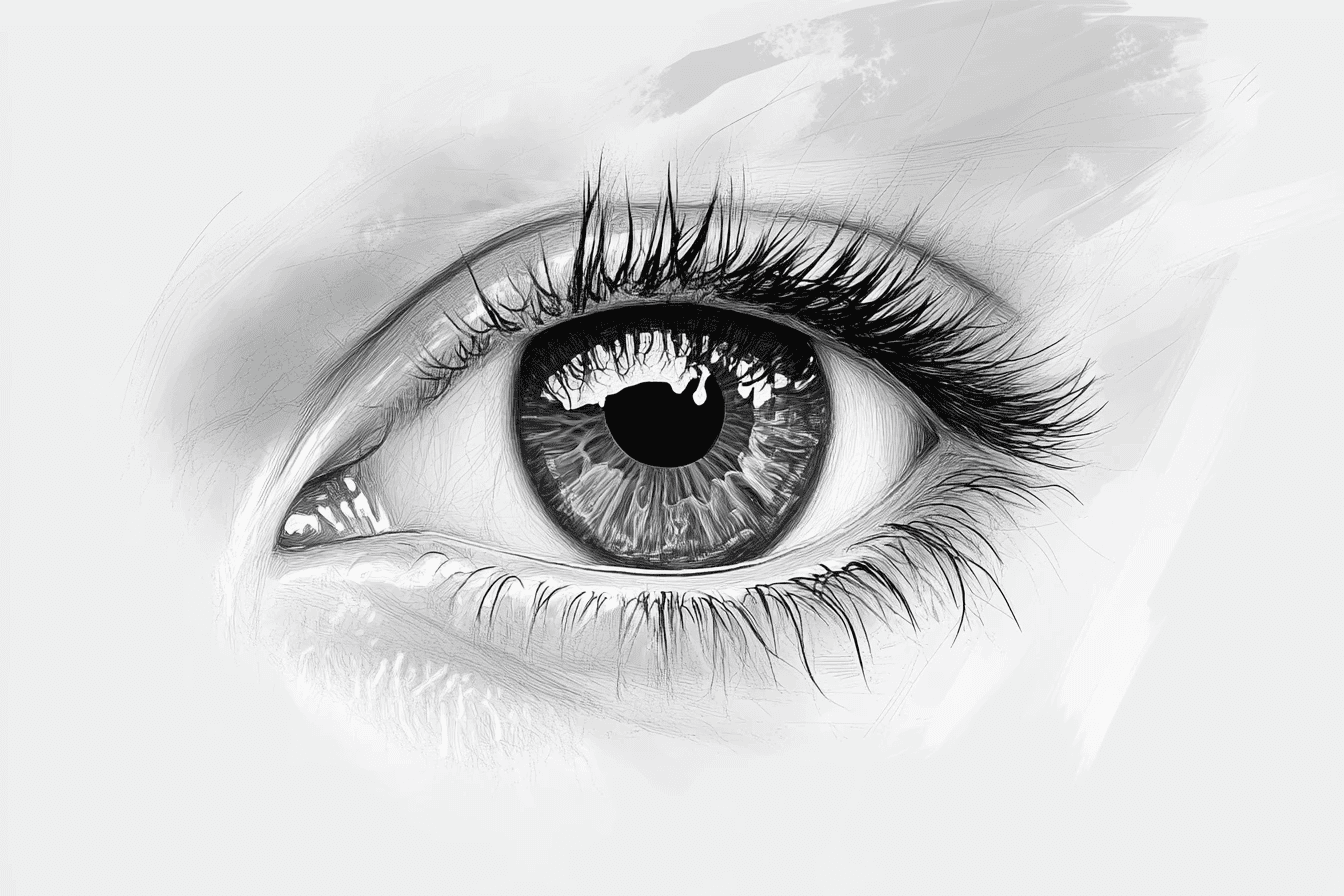 hyper-realistic digital painting of a human eye, with detailed iris, natural reflections, subtle shadows, and visible eyelashes.