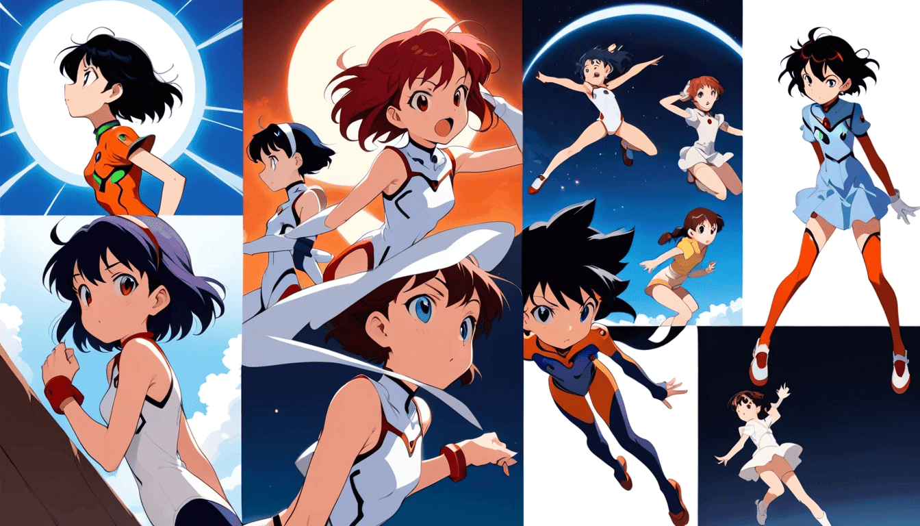 A collage of five iconic anime scenes from Astro Boy, Evangelion,